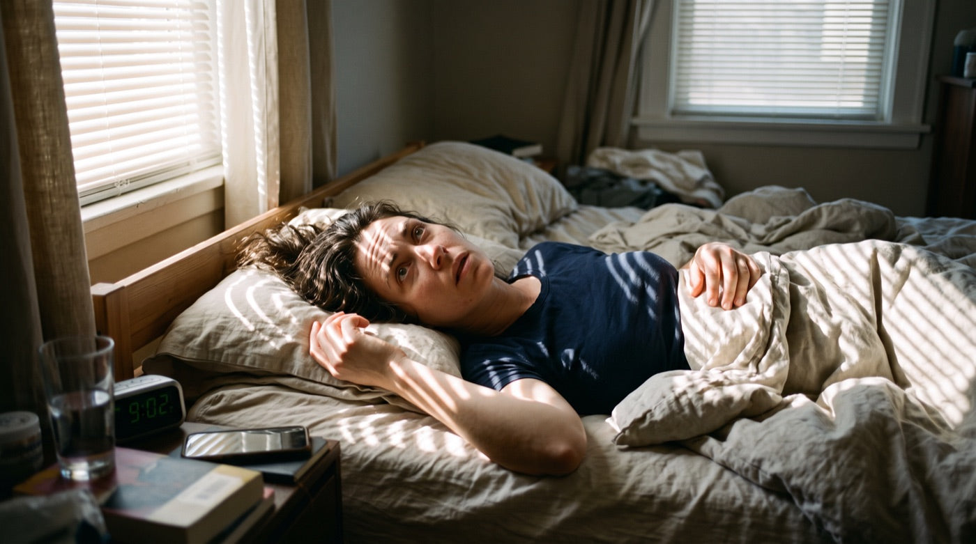 A woman lying awake in bed at nine in the morning, sunlight through the blinds casting stripes across the room.