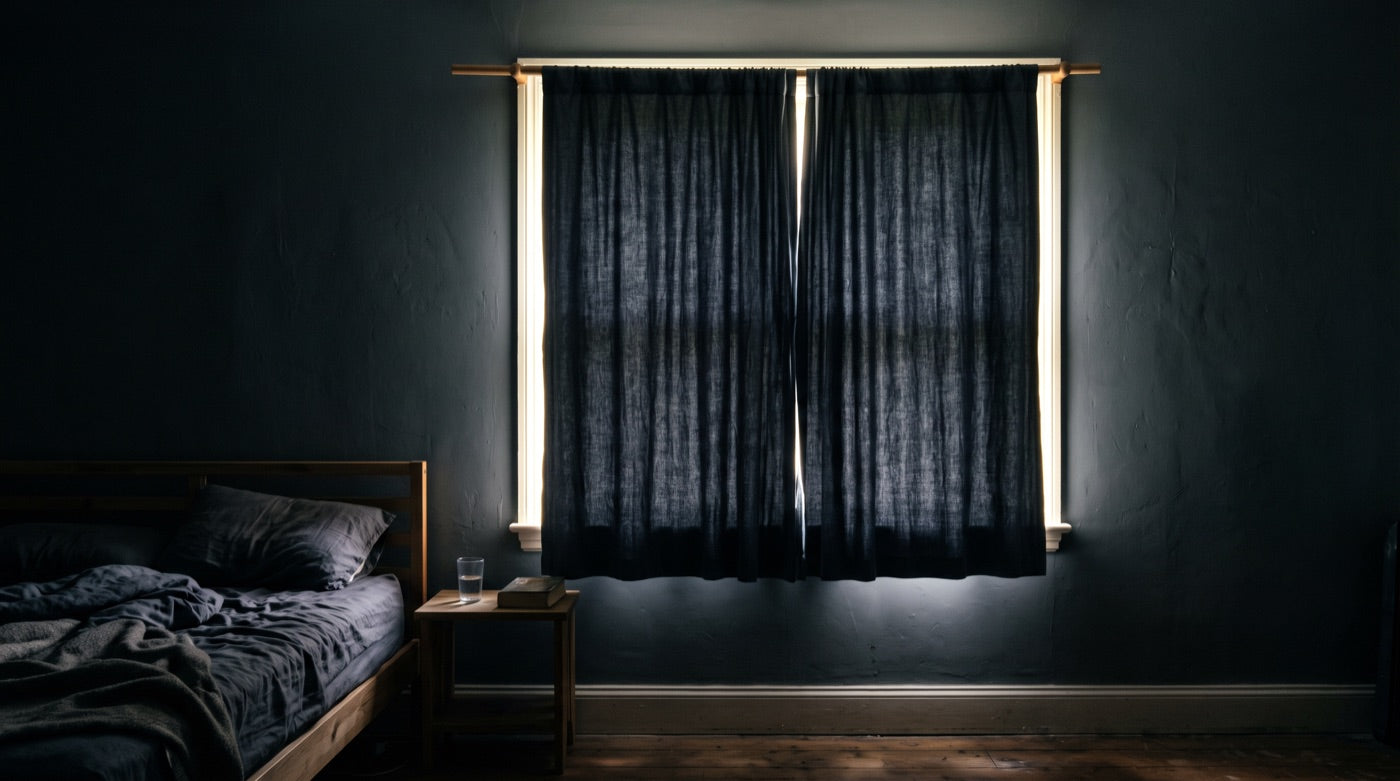 A dim bedroom where daylight leaks in a bright halo around the edges of drawn blackout curtains.
