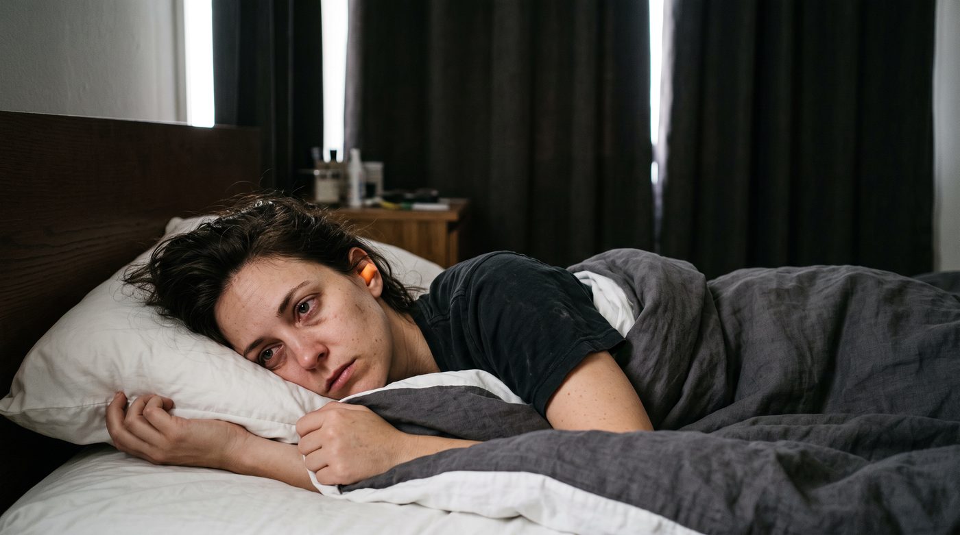 A woman lying awake on her side at mid-morning, an orange foam earplug in her ear, daylight leaking around the dark curtains behind her.
