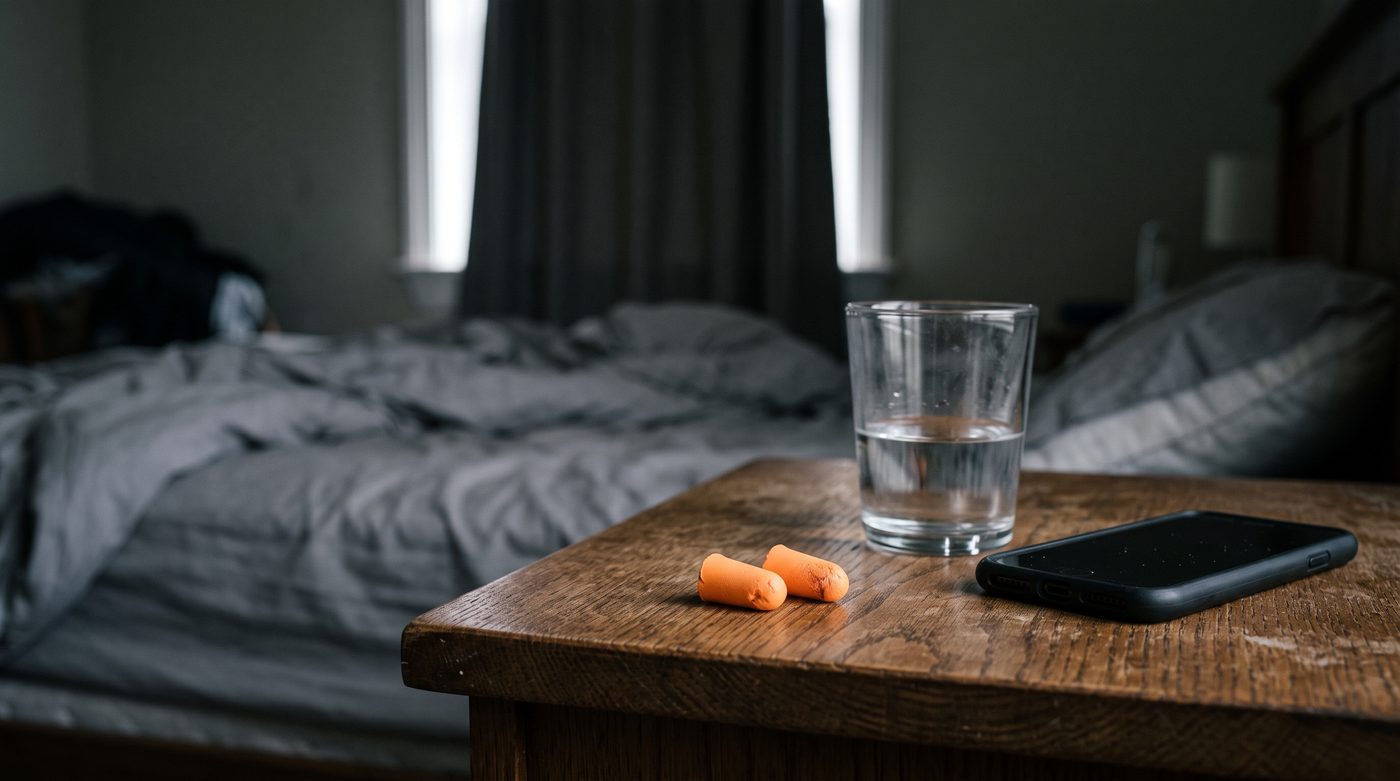A pair of orange foam earplugs left on a bedside table beside a glass of water, bright lines of daylight at the curtain edges behind.