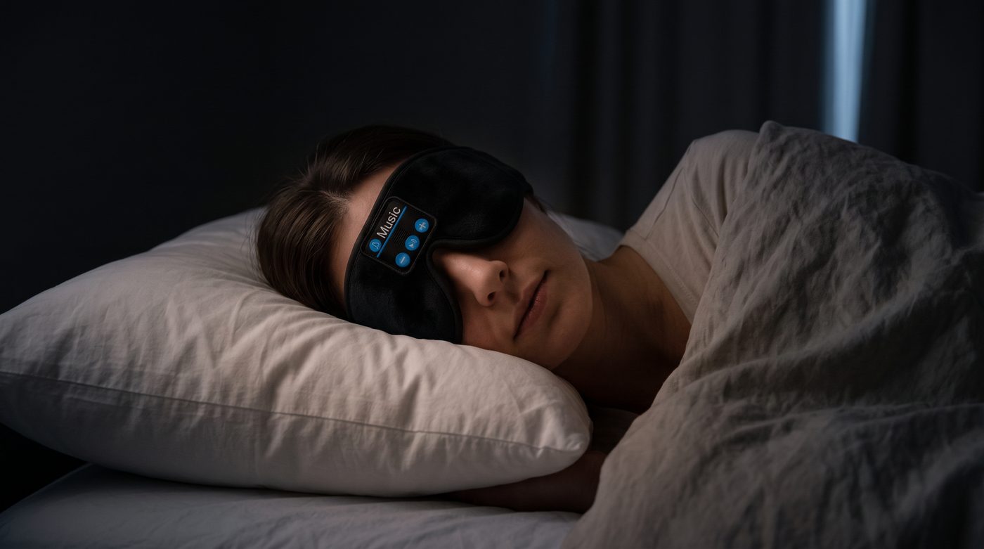 A woman asleep in a properly dark bedroom wearing the DaySomnia headband.