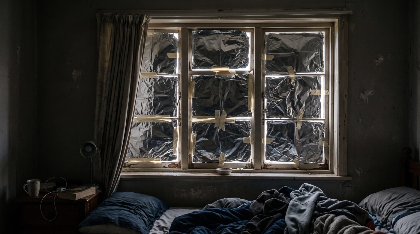 A bedroom window covered with foil taped to the glass, daylight leaking at the edges, above an unmade bed.