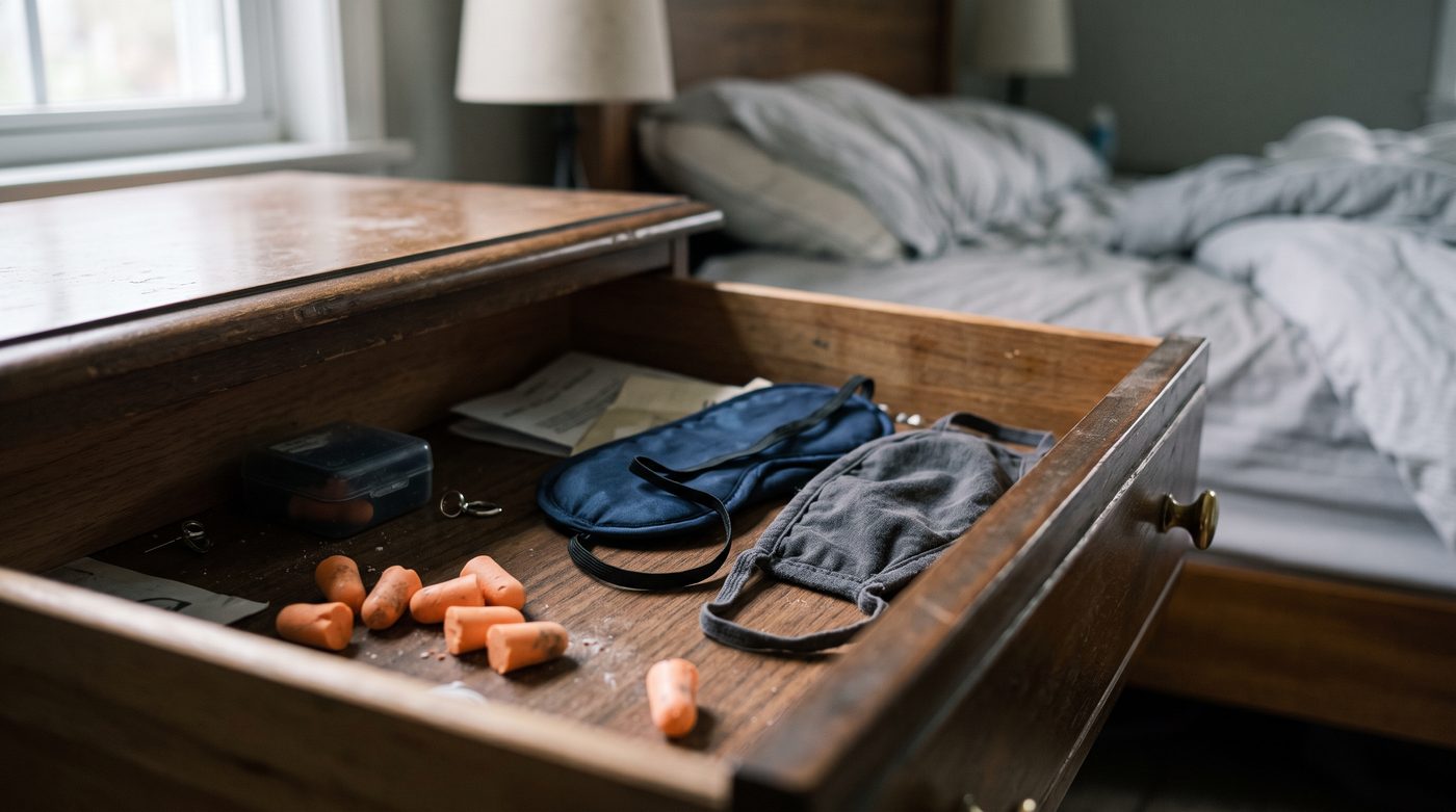 An open nightstand drawer holding sleep masks and orange foam earplugs beside an unmade bed.