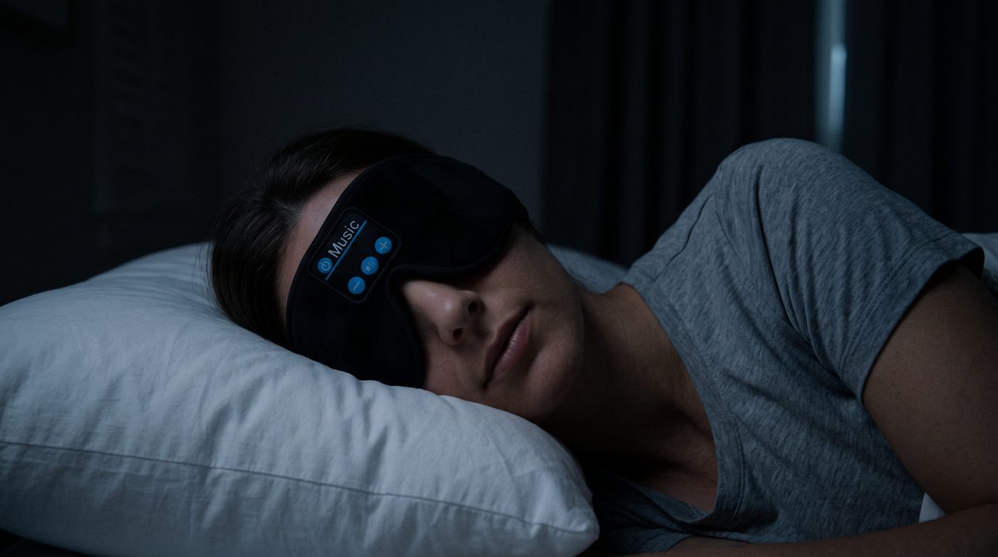 A woman asleep on her side in a dark bedroom wearing the DaySomnia headband.