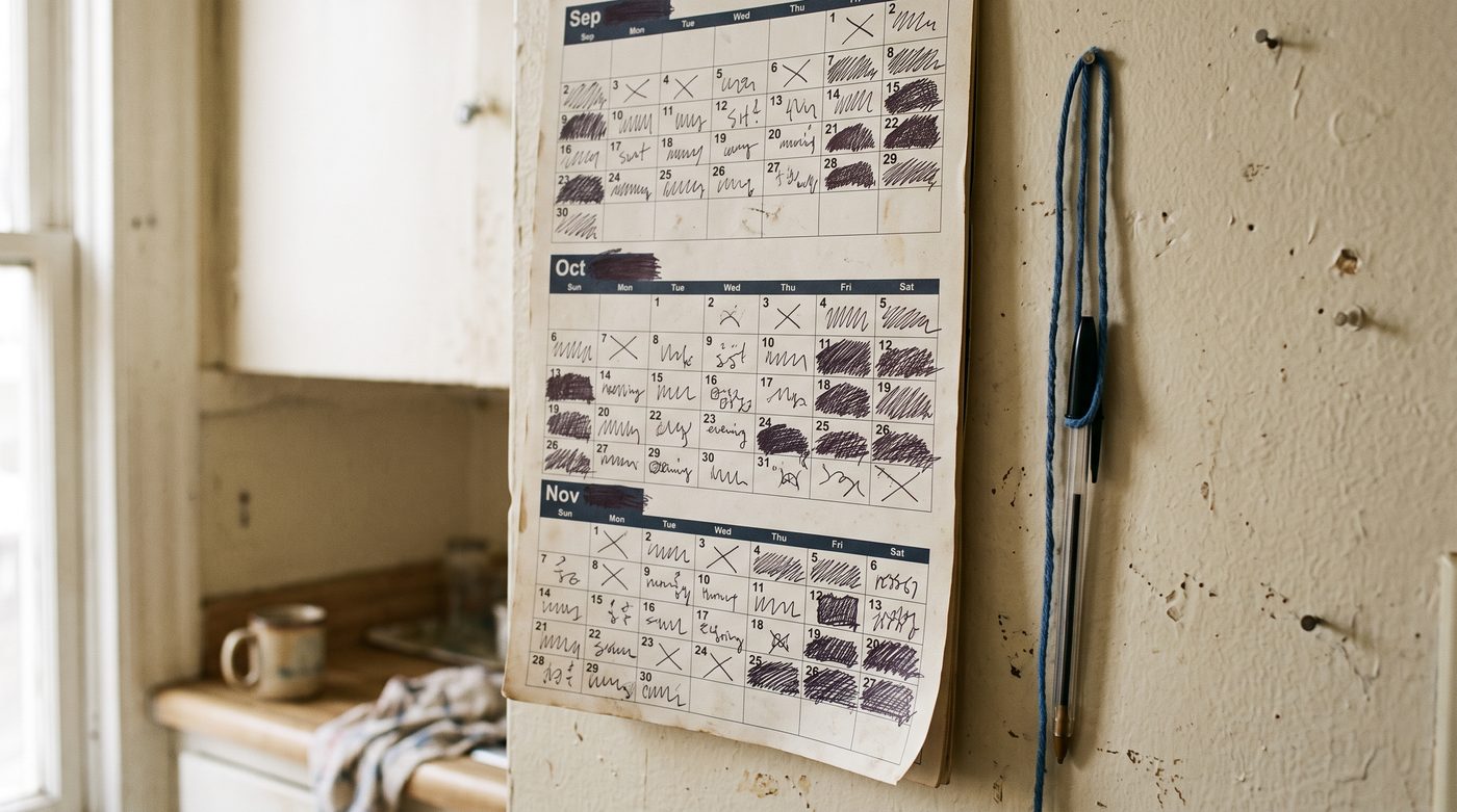 A wall calendar showing three months of night-shift blocks marked by hand in a pattern that never repeats week to week.