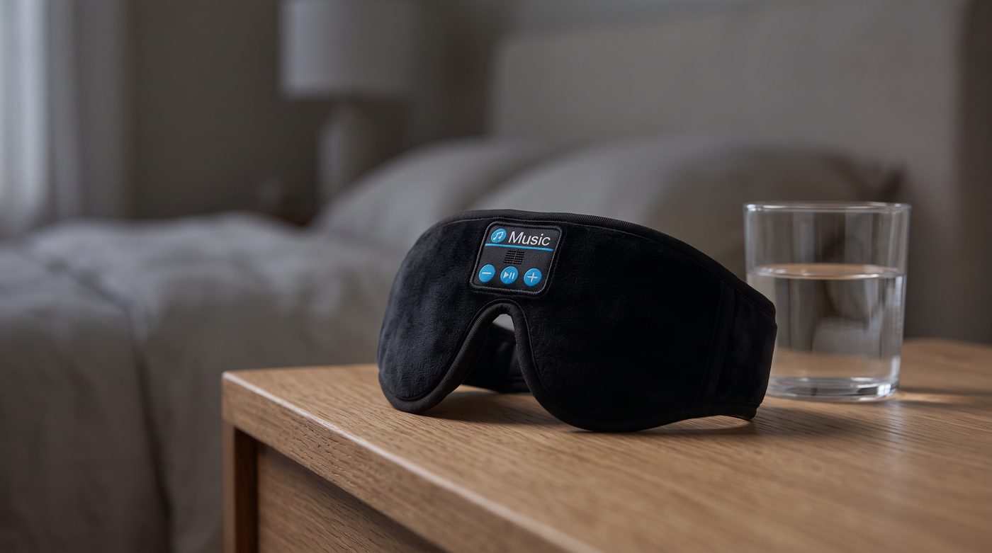 The DaySomnia headband resting on a nightstand in daylight, plush exterior and control panel visible.
