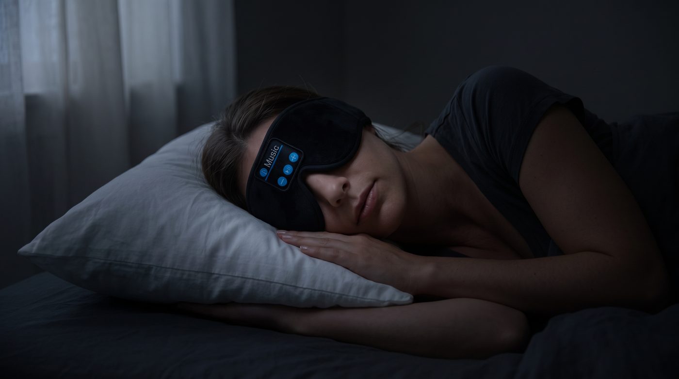A woman asleep on her side in a dark bedroom wearing the DaySomnia headband, one hand tucked under her cheek.