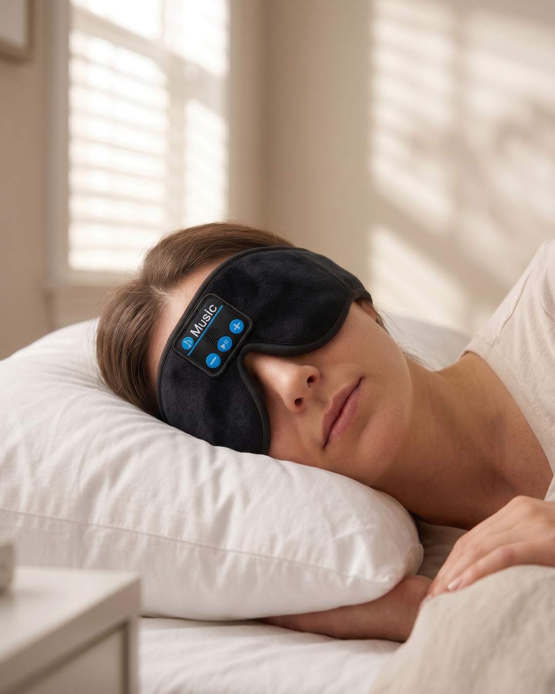 Night-shift nurse asleep on her side in a bright daylight bedroom wearing DaySomnia