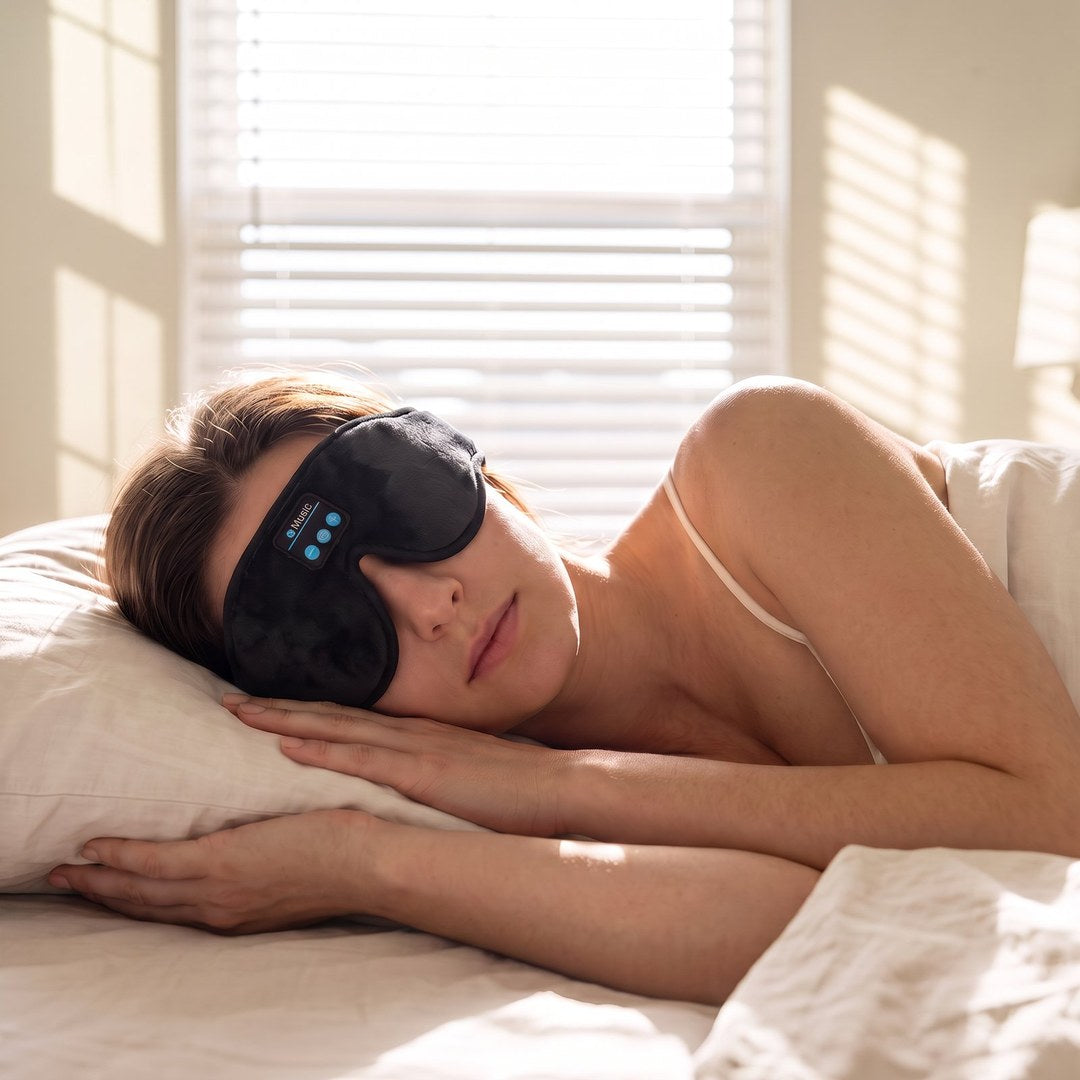 Night-shift nurse asleep on her side in a bright daylight bedroom wearing DaySomnia