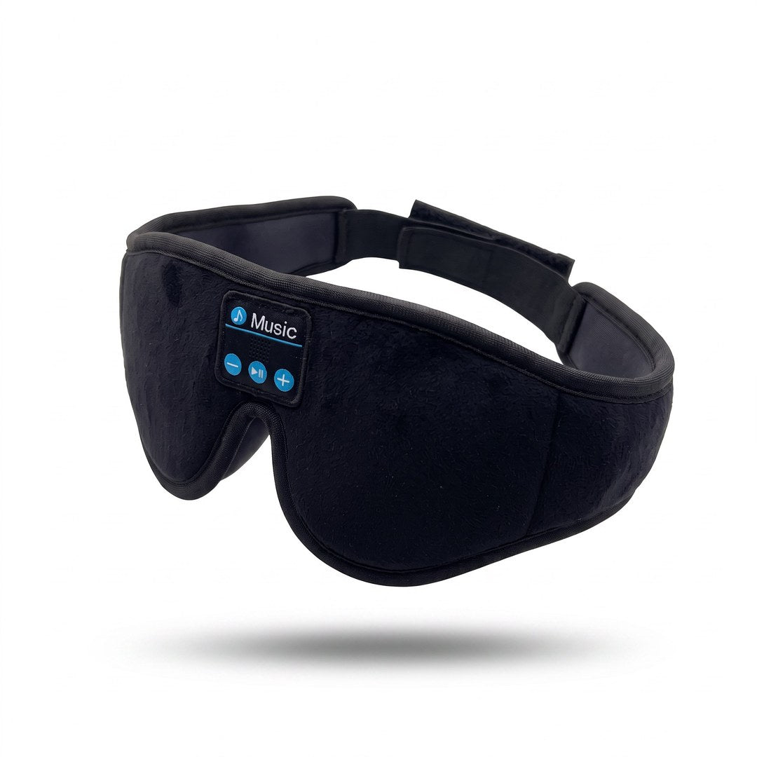 The DaySomnia headband — molded blackout cups, plush band, and Music control module