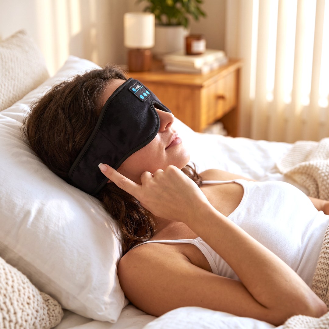 Sliding the thin speaker into place over the ear while lying on her side