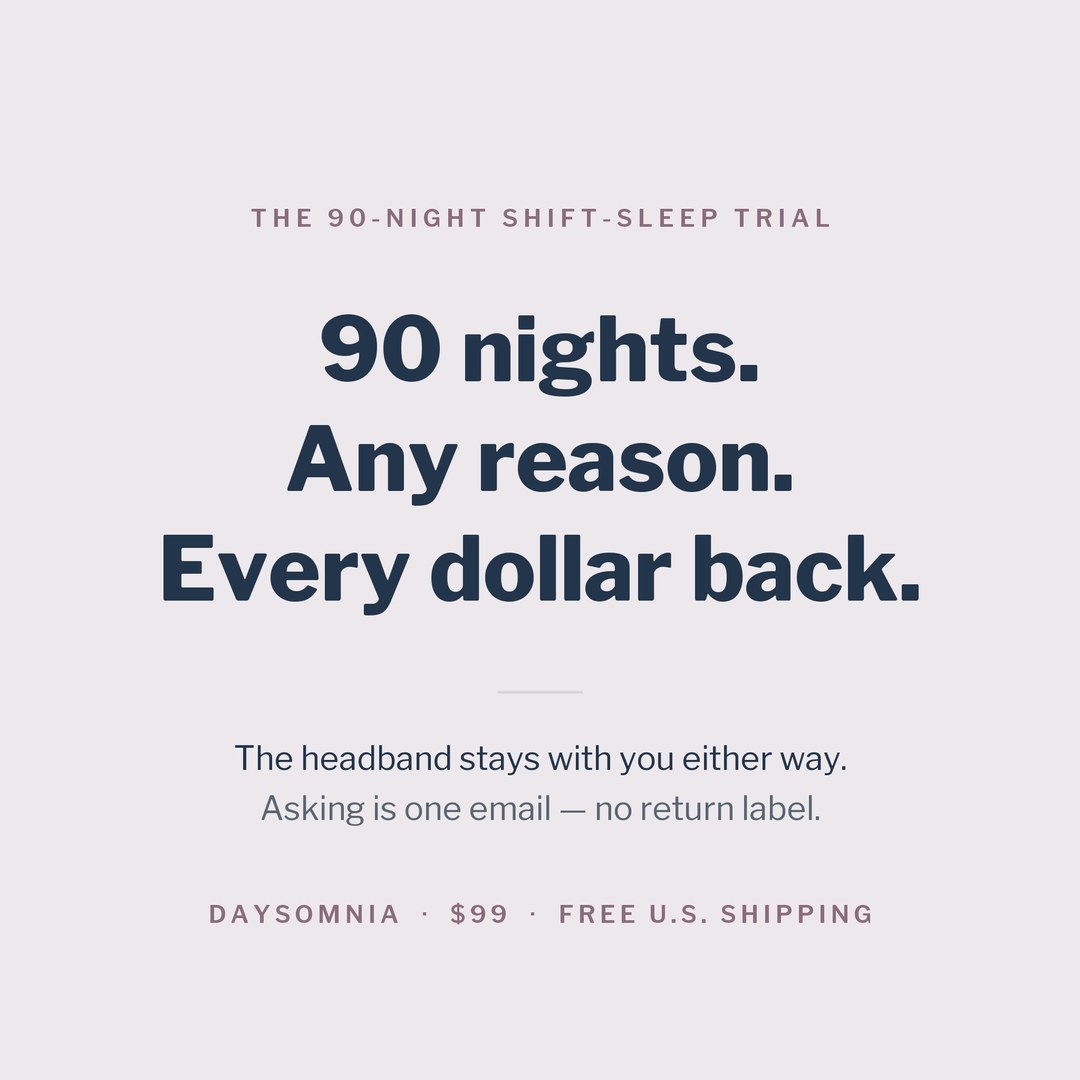The 90-Night Shift-Sleep Trial — 90 nights, any reason, every dollar back. The headband stays with you either way; asking is one email, no return label.
